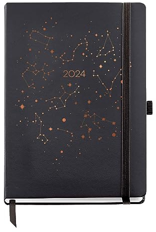 Miquelrius - Jahreskalender 2024, Tagesansicht, Größe Plus 155 x 213 mm (ähnlich A5), fester Einband, genäht, Gummiverschluss, Katalanisch, Englisch und Portugiesisch, Konstellation mit Kupferstempel