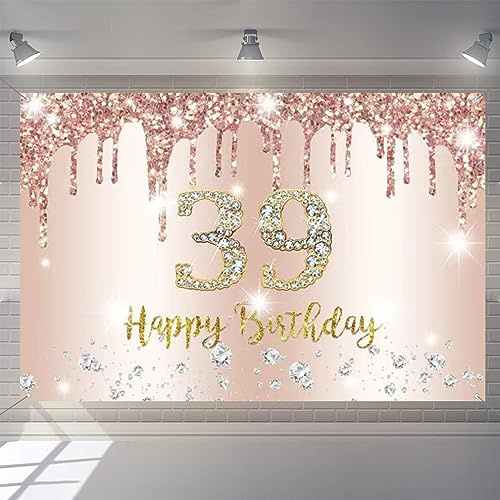 Happy 39th Birthday Dekorationen Hintergrund Banner für Frauen Happy 39 Years Old Party Schild Poster Frau 39. Geburtstag Rosegold Fotografie Hintergrund 39. Geburtstag Party Supplies, 150 x 90 cm