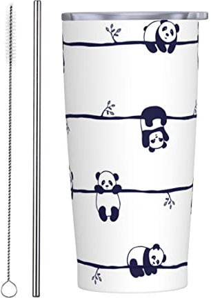 RFSHOP Taza de café de viaje con diseño de oso panda, vaso con tapa y pajilla, taza térmica de acero inoxidable a prueba de fugas para bebidas frías y calientes, 590 ml
