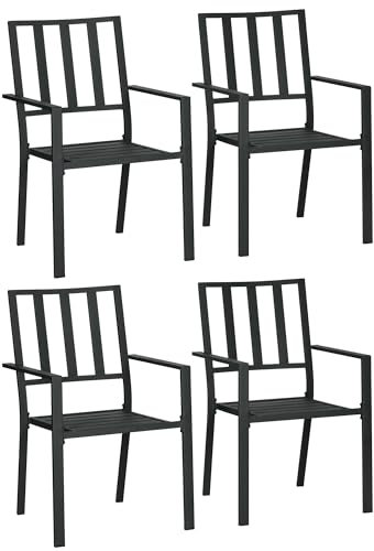 Outsunny Set of 4 Garden Chairs, Stackable Outdoor Chairs with Metal Slatted Seat & Backrest, for Yard, Garden, Black
