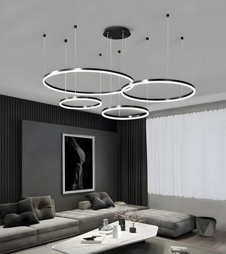 WayLuoung Metall LED Kronleuchter | 4 Kreise 20+40+60+80cm | 100W Rings Deckenhängelampe, Dimmbare Fernbedienung 3000–6000K Acryl Schirm Pendelleuchte, Wohnzimmer Schlafzimmer Foyer Esszimmer【Schwarz】
