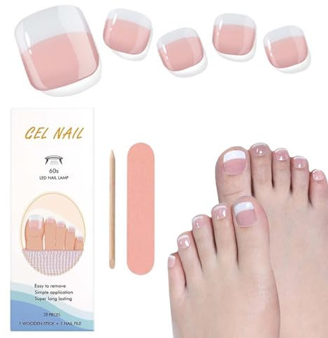 NLFOX Semi Cured Gel Nail Strips - 28 Pcs Soft Gel Toenail Stickers - French Toenail Stickers Self Adhesive - Self-Adhesive Nail Wraps UV Lamp Required - Easy Apply & Remove DIY Nail