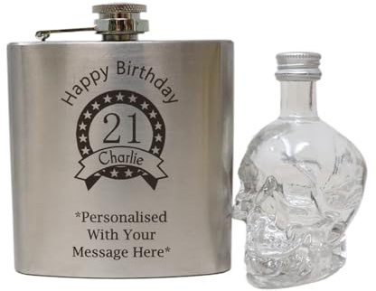 Personalised Silver Hip Flask & Miniature Alcohol - Birthday Design (Skull Vodka)