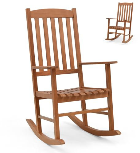 SFAREST Garden Rocking Chair, Eucalyptus Wood Porch Relax Armchair with High Backrest & Curved Seat, All Weather Outdoor Slatted Rocking Seat Lounge Chair for Deck Patio Balcony