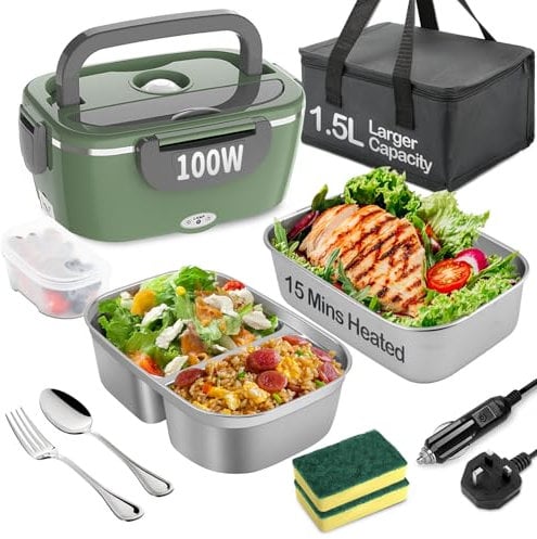 BYbrutek Contenitore per il pranzo elettrico, 100 W, 1,5 l, rimovibile, in acciaio inossidabile, portatile, riscaldato, 3 in 1, 12 V/24 V/220 V, contenitore termico per auto/camion/ufficio/casa (verde