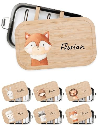 Bärenfreunde® - Personalisierte Brotdose für Kinder mit Spezial-Druck - Robuste Edelstahl Brotdose - Personalisierte Geschenke für Kinder & Erwachsene (Fuchs,GROSS Edelstahl)