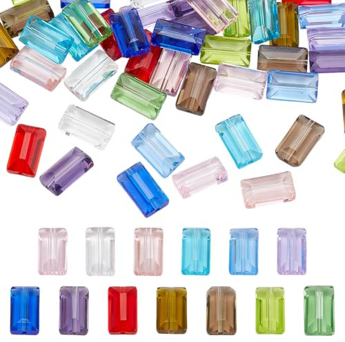PH PandaHall 52pcs 13 couleurs Perles de Verre à Facettes Perles de Cristal Rectangulaires Plates Perles Artisanales en Vrac Perles D'Espacement à Facettes pour Bracelet Bijoux Porte Clés 14x8mm