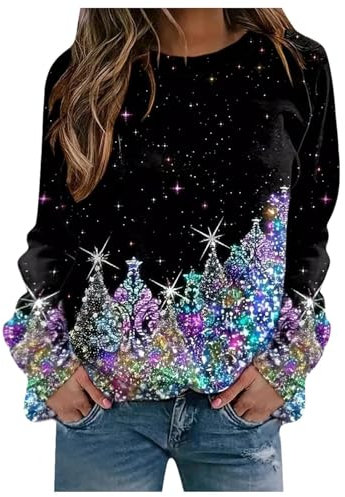 Weihnachts-Sweatshirt mit Rundhalsausschnitt für Damen, einzigartig Bedruckt, ohne Kapuze Kleid (Black, XXS)