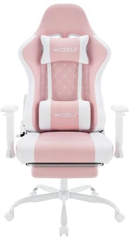 WOLTU Massage Gaming Stuhl, Ergonomischer Bürostuhl Racing Sessel Design, Kopfstütze, Lendenmassage, Fußstütze, Drehstuhl mit Rollen, 150 kg Tragfähigkeit, Netzstoff, Rosa+Weiß