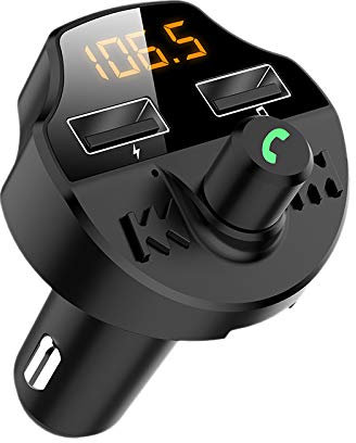 Breeshy Transmisor FM para Coche, Reproductor MP3 Manos Bluetooth 5.0 con Doble Chip USB, Adaptador Voltaje, Tarjeta TF