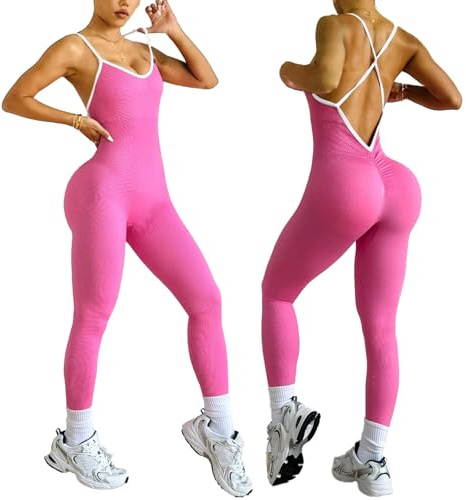 XDSP Tuta Intera Donna Sportiva Elegante Tight Scrunch Butt V back Jumpsuit Tuta senza Slims maniche per sport senza schiena tuta yoga con tuta intera elasticizzata One Piece Palestra Bodysuit