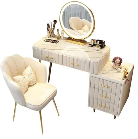 Romyqpipy Postazione Trucco con Led Specchio Regolabili Toilette Trucco con Sgabello, 5 Cassetti, 1 Armadietto Mobile Mobili per La Camera Da Letto per Camera Delle Ragazze Assemblaggio Facile