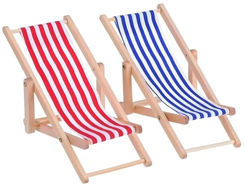 2 Stück Miniatur Strandkorb,Liegestuhl Miniatur Deko Holz,Mini Liegestuhl Deko Klein,Faltbar,Strand-Mikrolandschaft,Blau-Weißer Stoffsitz,11x5cm