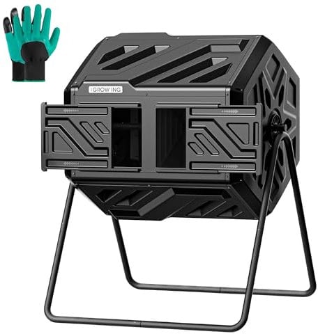 THE GROW'ING 43-Gallon Outdoor Compost Tumbler: Superior Dual Chamber Design with 2 Sliding Doors and Optimized Aeration System for Effortless Composting in Kitchen, Garden and Yard,Black