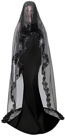 JIAHG Schwarz Halloween Schleier Spitze Witwenschleier Brautschleier Geister Haarschmuck lange Tüll Brautschleier Kopfschmuck Gothic Hexen Kostüm für Hochzeit Karneval Fasching Cosplay (150 x 280 cm)