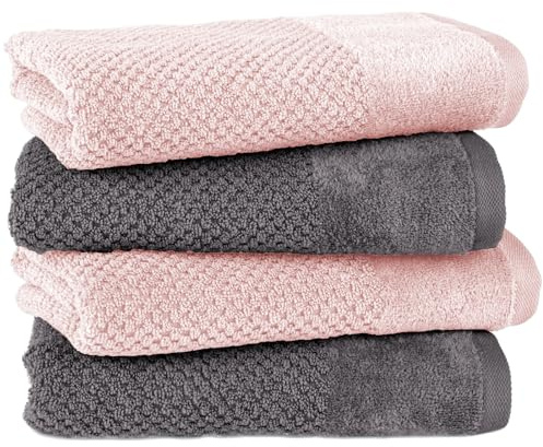 Pure Label Handtücher 4-TLG 4x50x100, Anthrazit | Rosa | weich, saugstark, 100% Baumwolle & OEKO-TEX, mit Schlaufe