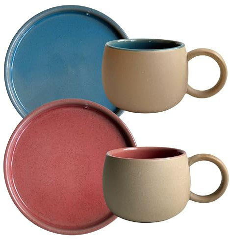 Breezy Nest Ceramic Coffee Cup and Saucer Set of 2 Pink and Blue - 250ml Japanese Style Coffee Mugs with Colourful Glossy Interior, Matt Earthy Beige Exterior, Microwave Safe