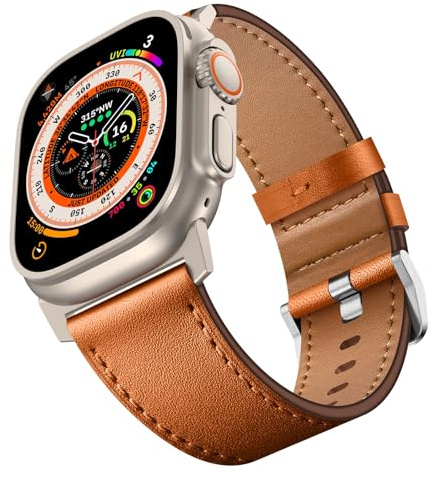 Compatibile con Apple Watch Band 49 mm, 46 mm, 45 mm, 44 mm, 42 mm, 41 mm, 40 mm, 38 mm, cinturino in vera pelle per iWatch Ultra Series 10 9 8 7 6 5 4 3 2 1 SE (marrone/titanio, 49 mm/46 mm/44 mm/45