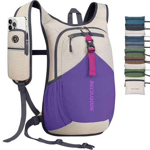 BECOJADDE 15L Wanderrucksack Herren Kleiner Rucksack Damen Leichter Daypack Tagesrucksack Faltbarer Trekkingrucksack für Camping Outdoor Wandern Travel, Beige Lila