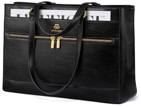 LOVEVOOK Handtasche Damen Groß, 15,6 Zoll Laptoptasche Retro-Leder Arbeitstasche Aktentasche, Leicht Shopper Tasche Schultasche Lehrertasche, Elegant Tote Bag Handbags für Schule Büro Arbeit, Schwarz