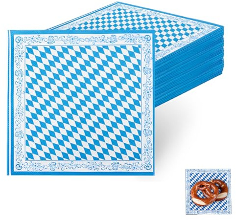 OUDQFCJ 40 pcs Bayern Servietten Oktoberfest Deko Tissue Dekoservietten mit Bier, Weizenähren, Brezel Muster für Münchner Oktoberfest Bierzelten Tischdeko (33 x 33 cm) (blau & weiß karierte)