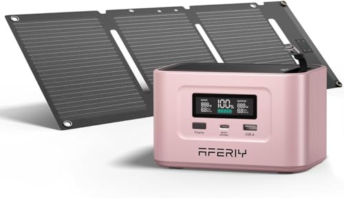 AFFERIY 145W Tragbare Powerstation mit 30W Faltbare Mini Solarpanel， 99Wh/31000mAh Solargenerator LiFePO4 Batterie Schnellladung, 3-Port, 6-in-1 Sicherheitsschutz, für Camping, Wohnmobil,Rosa