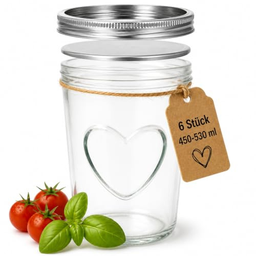 megusta® 6 Einmachgläser mit Herz, 530 ml, Deckel silberfarben zweiteilig | Gurkengläser, Reisdose, Teeaufbewahrung, Kaffeeglas, Meal Prep, Overnight Oats, Lunch Pot, Glas zum Verschenken