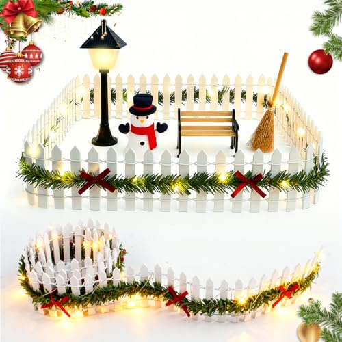 Rakuker Wichtel Zubehör Weihnachten, 6 Stück Wichtel Zaun Holz Miniatur Deko, Mini Weihnachtszaun mit Lichtern, Stühle, Schneemänner, Straßenlaternen und Besen, Weiß Miniatur Gartenzaun (90cmx5cm)