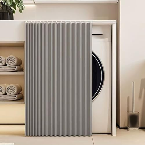 Genérico Cortina Corrediza para Gabinete, Imitación Lino, Cortina Autoadhesiva para Estantes de Cocina Antipolvo, Impermeable, No Requiere Perforación para Estantes Abiertos,Gris,W50cm/H70cm