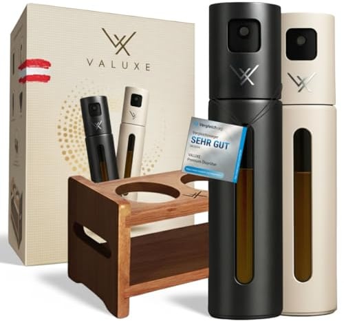VALUXE® Ölsprüher 2er Set für Speiseöl & Essig mit UV-Mantel & Sprühfilter | Edelstahl Öl-Sprühflasche präzise & bruchsicher mit Füllstandsanzeige - Olivenöl Sprüher, Öl-Zerstäuber, Oil-Sprayer