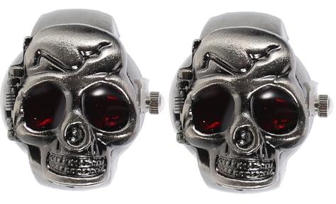OUNONA 2 Stück-pack Retro Fingeruhr für Damen und Herren mit Klappdeckel Zinklegierung Leicht Ablesbar Cooler Punk Totenkopf Ringuhr im Vintage Stil