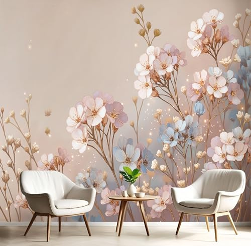 Papier Peint Panoramique Aquarelle Fleurs Sauvages Plantes Rêverie, 400x280cm (L×H) Papier Peint Tissu en Soie Murale Beige clair, Poster Geant 3D, pour Salon Chambre Restaurant Décoration Murale