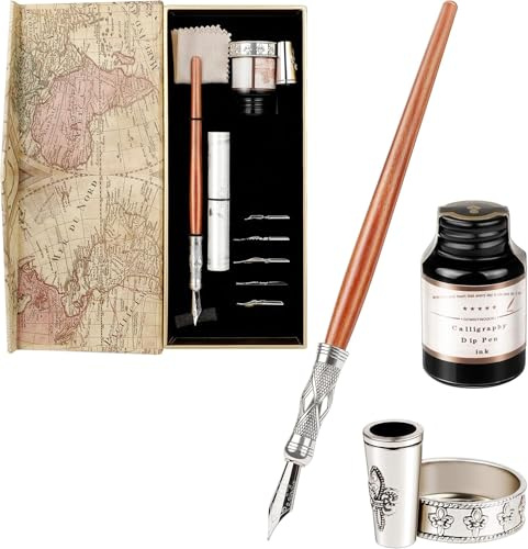 GC QUILL Coffret Calligraphie avec Stylo Plume, 5 Pointes & Encrier Noir – Kit Calligraphie Débutant, Porte-Porte-Stylo pour Écriture, Dessin, Lettrage & Cadeau Élégant