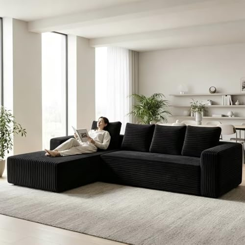 Yihomfy Ecksofa mit Schlaffunktion Tobi 261x145 cm Cord Sofa mit Memory-Schaumstoff Hohe Rückprallelastizität & Atmungsaktiv Moderner Wohnsessel für Wohnzimmer (Schwarz)
