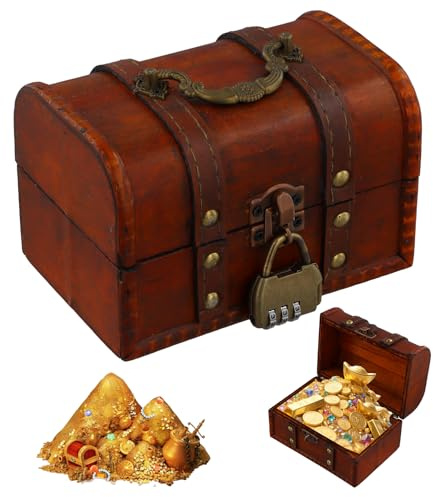 Tinsellns Vintage Holz Schatztruhe Klein – Retro Schatzkiste mit Zahlenschloss, Schatzkiste Kinder für Aufbewahrung Kindergeburtstag Dekoration Geschenke (Braun)