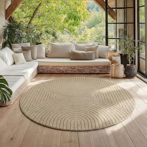 HomebyHome Teppich Wohnzimmer Rund 200 cm Beige, 3D Hoch Tief Effekt, Skandinavischer Boho Teppich für Wohnzimmer Esszimmer, Balkon Terrasse Outdoor geeignet