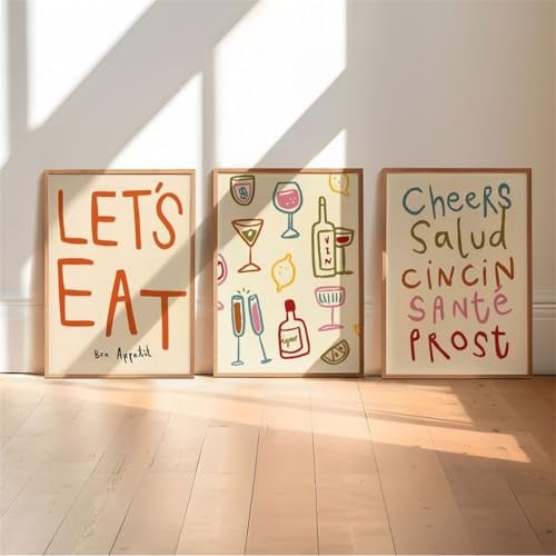 JORCEDI 3er Food Poster Set,Buntes Cheers Bild Poster Lets Eat Drinks Cheers Bilder Küche Leinwandposter Cocktail Wein Motive Bilder für Küche Oder Esszimmer,Ohne Rahmen (21 * 30cm)