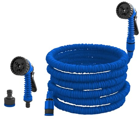 Flexibler Gartenschlauch mit 6-Funktionen Sprühfunktionen, 15m Dehnbarer Wasserschlauch Anti-Knick Garden Hose mit 1/2 und 3/4 Schnellkupplungen, Flex Schlauch (Blau)