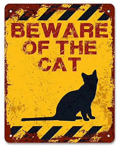 Print Crafted - Attention au chat | Panneau d'avertissement vintage en métal pour jardin