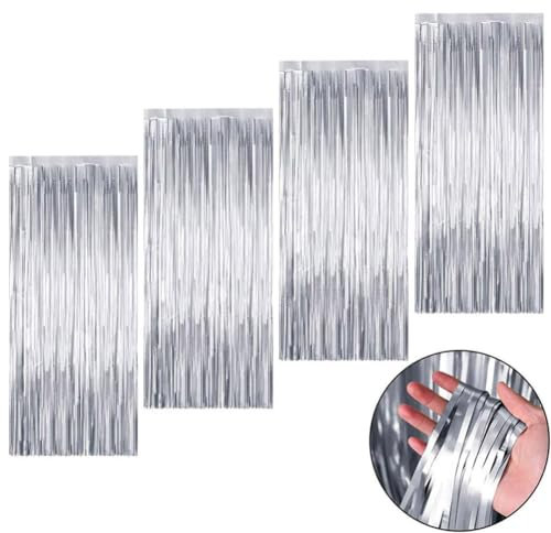 4 Stück Metallic Tinsel Vorhänge,Lametta Vorhänge Silber,Metallische Glitzervorhang Fringe,Folie Fransen Vorhang Schimmer,Folienfransen Vorhang für Hochzeitsdeko,Geburtstagsparty,Weihnachten Deko