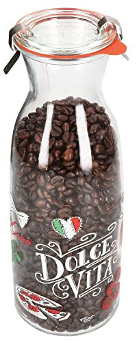 Ritzenhoff & Breker Palermo Karaffe 1 Liter + WECK-Zubehör I mit italienischem Dekor I Krug aus Glas mit Glasdeckel, Dichtring & Klammern I Saft-Flasche, für Wasser, Milch, Linsen, Reis, Kaffee & Co.