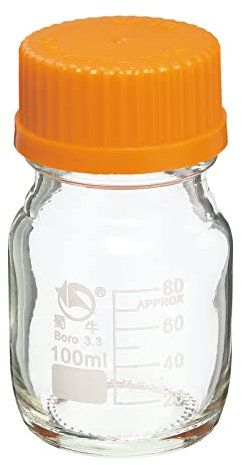 PATIKIL 100mL Reagent Media Bottle, 1Pcs Round 3.3 Borosilicate Glass Graduated Storage Bottle with Yellow Screw Cap for Chemistry Lab Universities Home, Clear