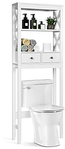 Multigot Bathroom Space Saver, Over the Toilet Storage Rack with Drawers & Open Shelves, Wooden Freestanding Washing Machine Organizer Unit(White, without Back Panel)