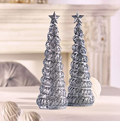 2X Tanne Silberglitzer aus Metall, 30 cm hoch, Dekokegel, Weihnachtsdekoration, Adventsdekoration, Tannenbaum