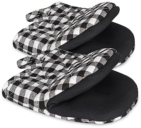 Goldmeet 1 Pair Short Oven Mitts, Heat Resistant Silicone Kitchen Mini Mitts for 500 Degrees, Grip Surfaces and Hanging Loop Gloves Baking Barbecue Microwave Machine Washable Black & White Grid