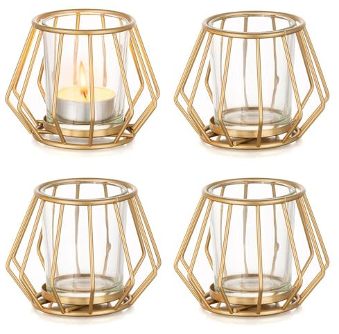 Romadedi Teelichthalter Gold Metall Kerzenhalter: 4er Set Windlicht Klein für Teelichter Deko Wohnzimmer Tischdeko Teelichtgläser für Zimmer Schlafzimmer Esstisch Home Decor