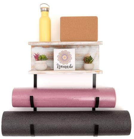Horizonte Wood Wall Mounted Home Gym Organizer – Yoga Mat and Foam Roller Holder | Stylish Exercise Mat Rack & Storage Shelf for Fitness Spaces