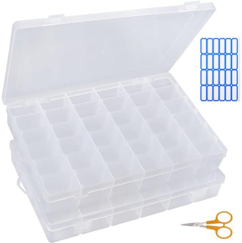 Shalwinn 2 Stück Fächer Aufbewahrungsbox mit 36 Fächer, Plastik Aufbewahrungsbox Einstellbar Sortimentskasten Klar Sortierboxen mit Etikett und Schere für Schmuckperlen andere Mini Waren