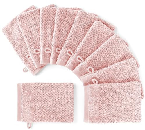 Pure Label 10-TLG. Waschhandschuh Waschlappen Set mit Anhängeschlaufe aus 100% Baumwolle, saugstark, weich und Oeko-TEX Zertifiziert - 10 Waschlappen aus Baumwolle 16x21cm, Rosa