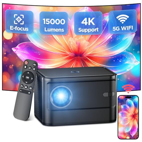 【Elektrischer Fokus】 Mini Beamer, 15000Lumen Smart Beamer 4K Unterstützt,5G WiFi LED Heimkino Beamer klein, Portable Projektor Kompatibel mit TV Stick/X-Box/DVD/HDMI/USB